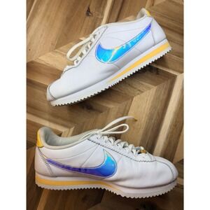 Nike Cortez '72 Women‎ 7.5 White Iridescent Swoosh Leather Sneakers Shoes Retro